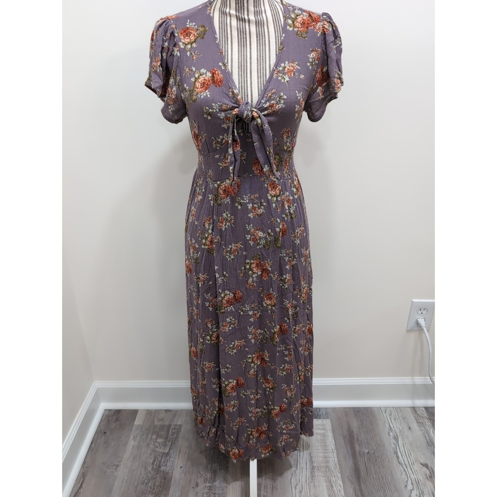 Blush BJ Women's Floral Front Tie V-Neck Flutter Sleeve Maxi Dress Small Coquett